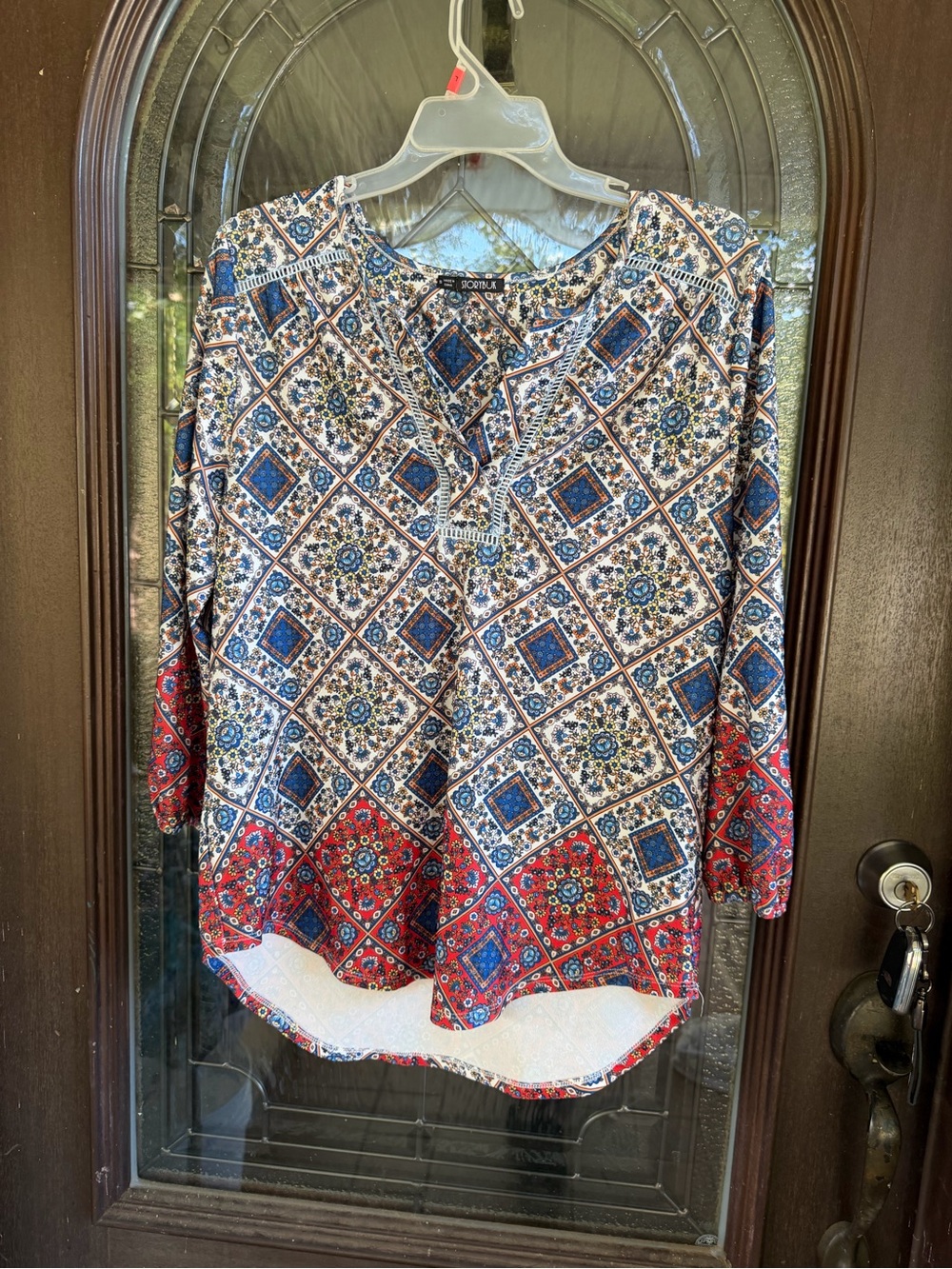 Boho Print Henley Blouse in Blue and Red